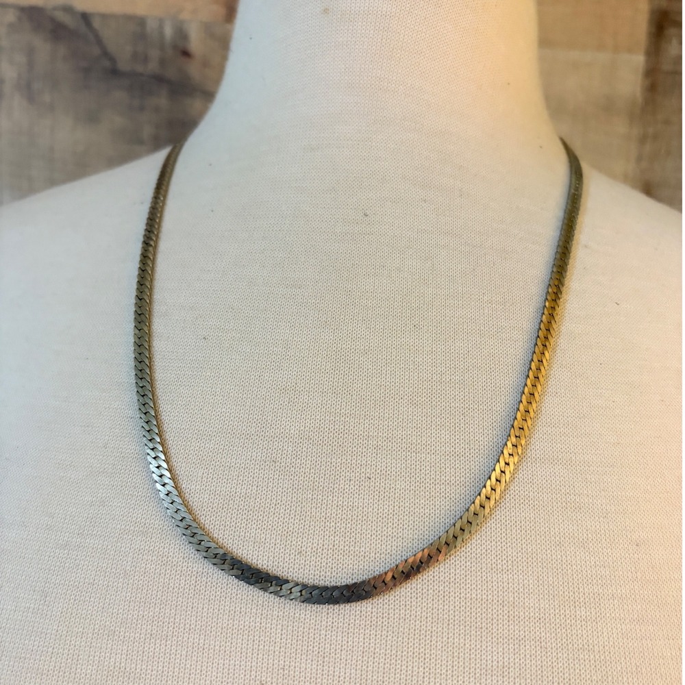 Vintage Silver Tone Herringbone Flat Snake Chain Necklace Korea